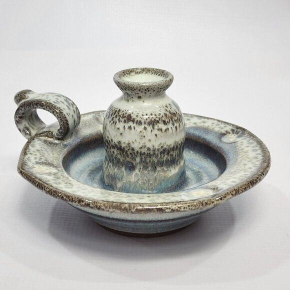 Alewine Pottery 4" Candle Holder Handle Brown Blue Speckle Incense 2011 Signed - Picture 2 of 10